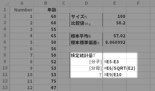 [セルE9]=e5-e3　[セルE10]=e6/sqrt(e2)　[セルE11]=e9/e10